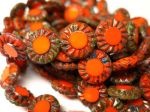 Koraliki Czech Glass Beads Sunflower 14mm picasso orange