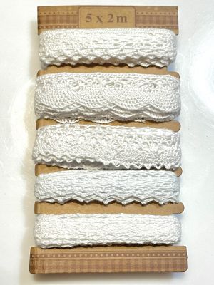 Koronka bawełniana, zestaw 5 wzorów x 2m , ( 5x2m) , kolor biały - 1 op