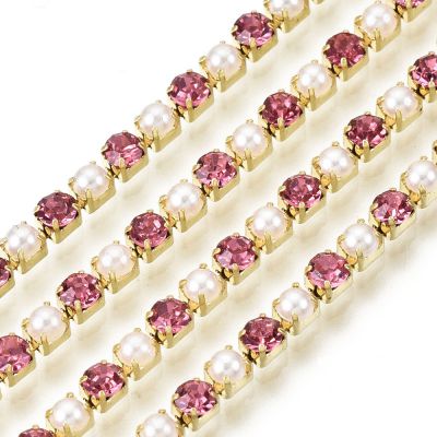 Taśma z kryształkami i perełkami 2 mm rose/pearl / gold - 25cm
