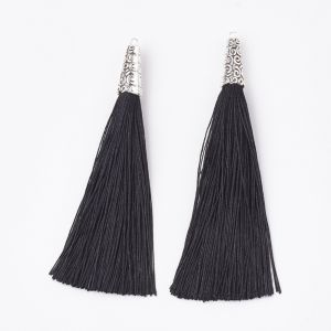 Polyester tassel witch alloy findings 90~96 x 8.5 mm black / antique silver  - 1 pc