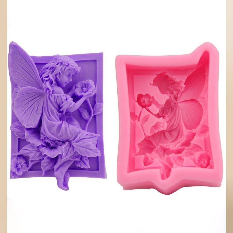 Silicone Molds, for Handmade Soap Making, Rectangle with Fairy & Flower, 89x62x27mm - 1 pc