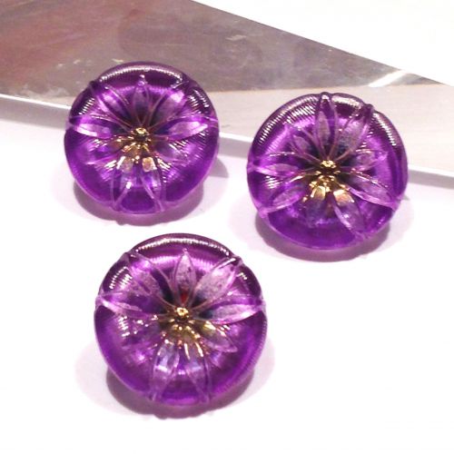 Guzik szklany 18 mm Flower dichroic  violet/  gold - 1 szt