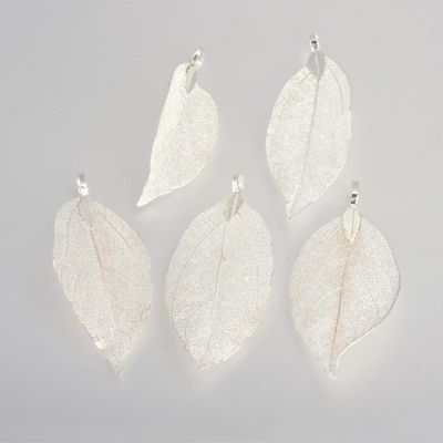 Electroplated Natural Leaf Pendants, with Iron Findings, Silver , 50~80x20~35x1mm, Hole: 3x6mm