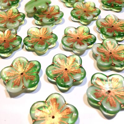 Flowers Czech Glass Beads 20mm Green Copper - 1 szt
