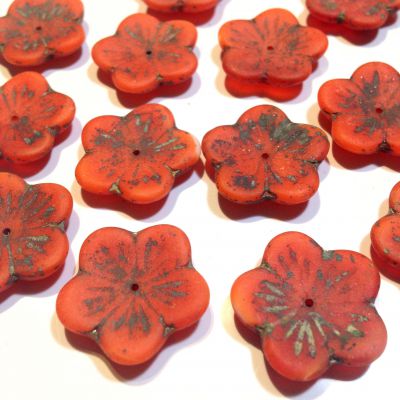 Flowers Glass Beads  20mm Matte Picasso Red Pumpkin - 1 szt