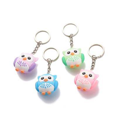 PVC Cartoon Owl Keychain, with Iron Keychain Ring  Open Jump Rings - 43x37x24mm (10 cm ) - 1pc