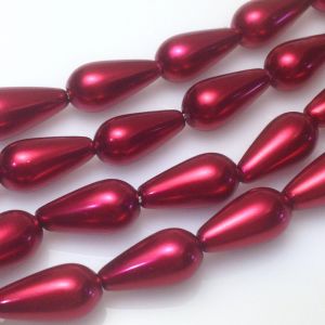 Perły szklane 16x7,3mm DROP (1mm) RED - sznur(ok.26 szt)