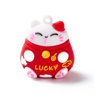 PVC Cartoon Lucky Cat Doll Pendants, for Keychains, Maneki Neko, Red, 37x32x27mm, Hole: 3mm - 1 pc