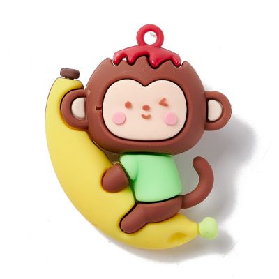PVC Plastic Cartoon Pendants, Monkey with Banana, Yellow, 49x40x21mm, Hole: 3mm - 1 pc