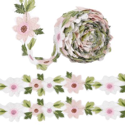 Koronka ,Haft , Kwiaty na szyfonie ,biały/ecru/różowy/brązowy/zielony - 3 motywy- ok. 33 cm - 1 op