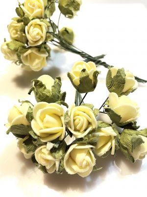 Różyczki mini - gł. 1,5-2 x2 cm , na druciku  , pianka , lemon / zielony - 6 szt