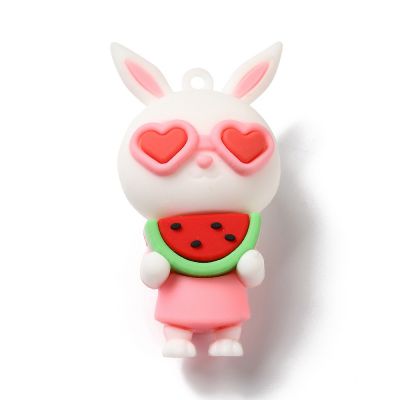 PVC Plastic Cartoon Big Pendants, Rabbit Charms Pink, 57.2x32x25mm, Hole: 2.5mm - 1 pc