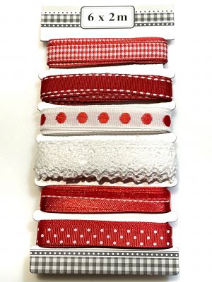 Tasiemki i koronka ,zestaw 6 wzorów ( 6x2m) , ryps,poliester ,bawełna ,biały/czerwony - 1 op