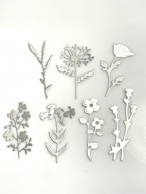 Scrapki - Wycinanki ,rośliny - zestaw 7 szt  ,metallic silver  -  1 op